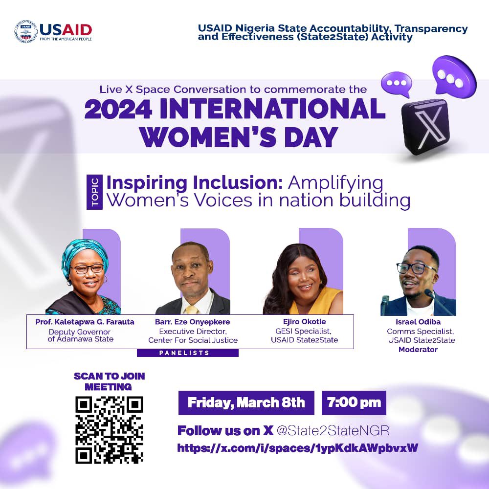 State2StateNGR's tweet photo. As we approach #IWD2024 join us on X-space by 7pm this Friday, as we discuss the theme #InspiringInclusion 
“Amplifying Women’s Voices in Nation Building”. 

We are excited to engage Her Excellency @GFarauta Deputy Governor of @AdamawaStateGov alongside other honoured panelists! https://t.co/IcIdto6ZeF