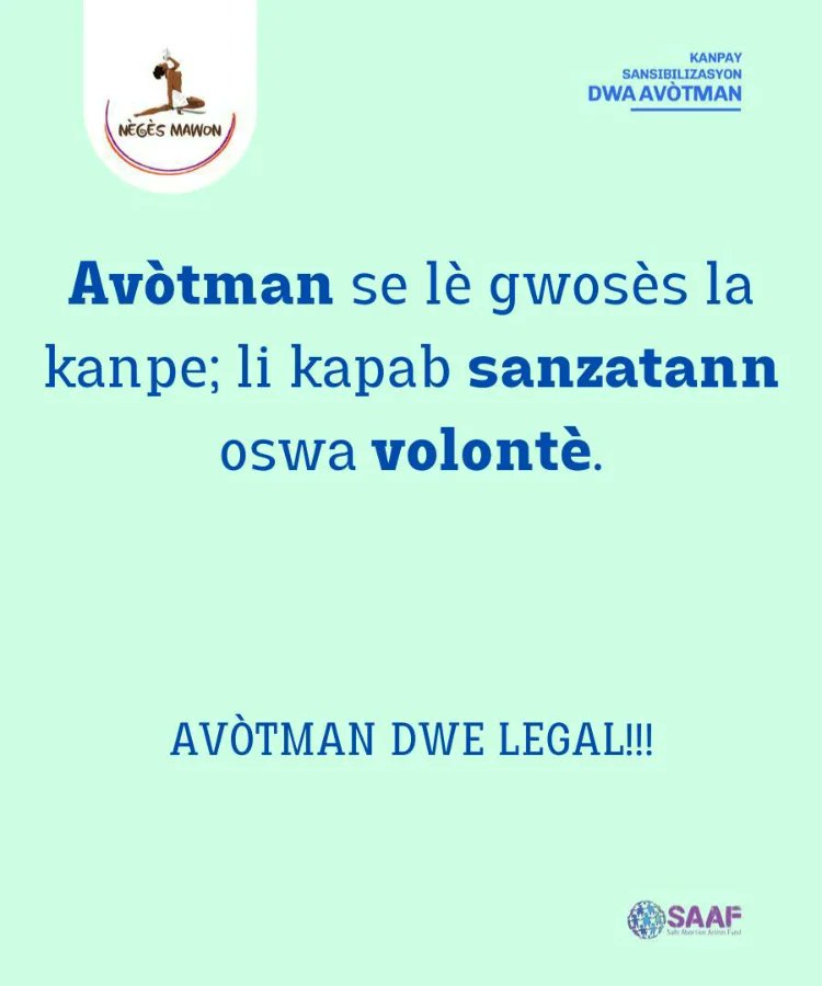 Neges_Mawon's tweet photo. KANPAY SANSIBILAZASYON POU DWA AVÒTMAN*
Kisa avòtman ye?
Ki fason nou ka fè yon avòtman?
Tout sa w dwe konnen ⤵️⤵️
AVÒTMAN DWE LEGAL!!!
#kòm #AvòtmandweLegal #chwam #kanpaysansibilizasyondwaAVÒTMAN #prochoice #prochoix #Abortion #dwafanm https://t.co/A4iacSFLcd