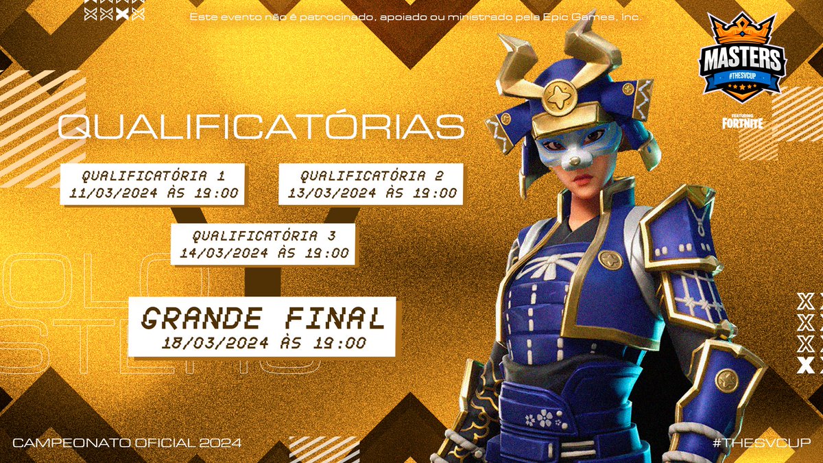TheSVCup's tweet photo. A #SoloMasters vai seguir o seguinte formato:
11/03, 13/03 e 14/03 às 19:00 - As qualificatórias ABERTAS com 4 partidas onde os 33 melhores de cada dia avançam para a GRANDE FINAL!
18/03 - Na grande FINAL os 100 finalistas disputarão 5 quedas. https://t.co/yGNW3FLOvp