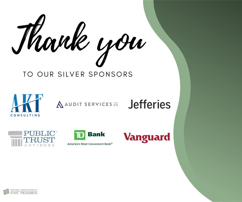 @StateTreasurers loves to bring great programming to our members but we could not do it without the help of sponsors like AKF Consulting Group, @auditservicesus, @Jefferies, Public Trust Advisors, @TDBank_US, and @Vanguard_Group. Thank you! #NAST2024