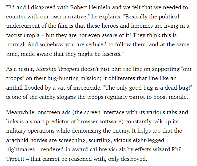 RaptorGamma's tweet photo. @TheLaurenChen From an interview with Verhoeven on Starship troopers

Its a satire on Nazi Germany and how people who think like them are evil https://t.co/wpqM4cbV4y