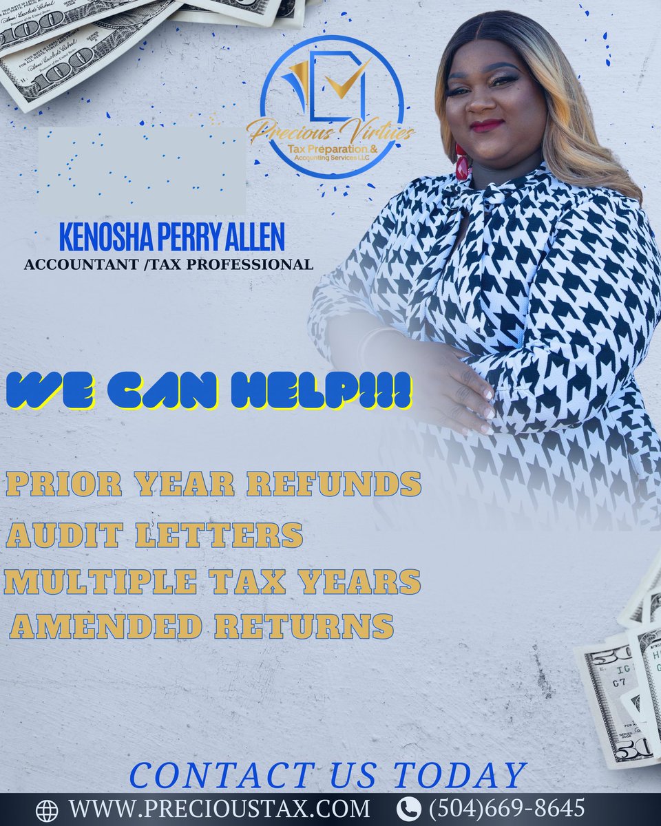 Precioustax's tweet photo. Do you need help with your tax situations??!? We can help!  Contact us today!!! @precious_virtues_tax_prep
… 
https://t.co/APvKN4gHdG 
… 
(504)-669-8645
Kenosha@precioustax.com 

#preciousvirtuestaxprepandacctingsvcsllc #pvtpas #taxes #nola #nolataxes #NewOrleans #accountant https://t.co/OriglRn8FK