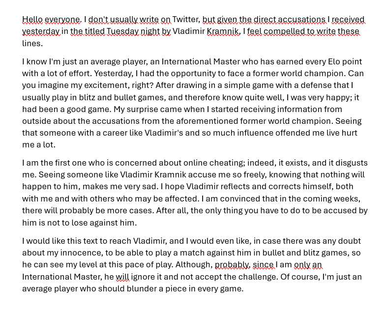 Rutricks_chess's tweet photo. Hello chess world, I've got a few things to add about @VBkramnik 's scandal. Here you have my experience on it🤨. https://t.co/IL7WNLm8bZ