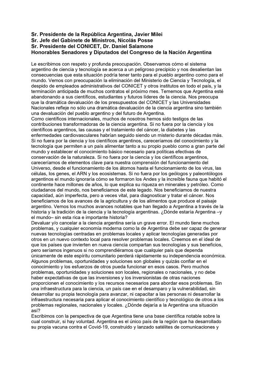 cibionconicet's tweet photo. 68 premios nobel firmaron una carta dirigida a Javier Milei por la preocupante situación de la ciencia argentina.

Le pidieron al presidente que restablezca presupuestos de CyT y destacaron la excelencia de la ciencia de nuestro país

#AbrazoNobelCienciaArgentina #CienciaEsFuturo https://t.co/JKosPq1k0v