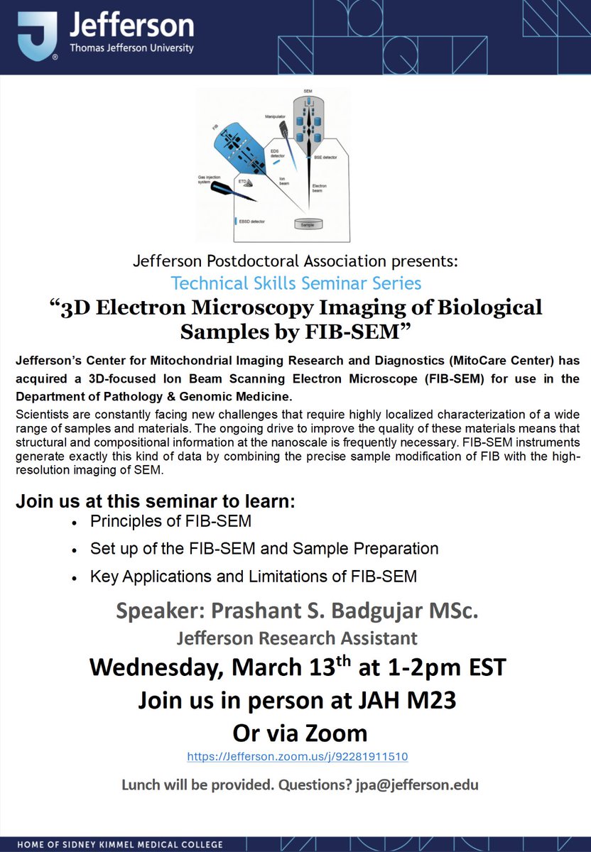 JPA will be hosting the next event in its Technical Skills Seminar Series: "3D Electron Microscopy Imaging of Biological Samples by FIB-SEM." The speaker will be Prashant S. Badgujar, MSc., and lunch will be provided.

Date: 3/13/24 from 1-2pm
Location: JAH M23 or Zoom