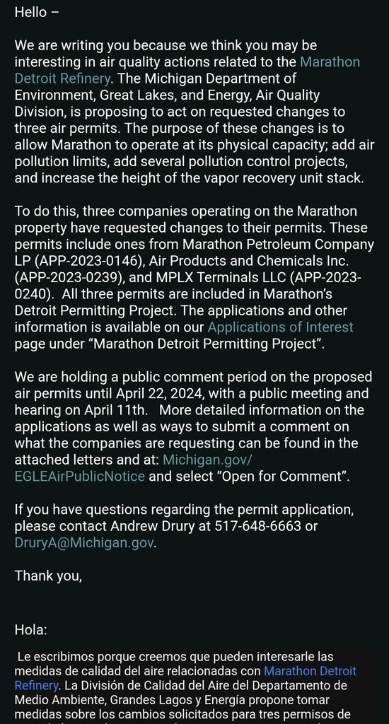 #MarathonDetroitRefinery #Marathon #refinery #publiccomment 

@freep @Local4News @wxyzdetroit @FOX2News @detroitnews 
#Detroit #pollution @MichiganEGLE

michigan.gov/egleairpublicn…