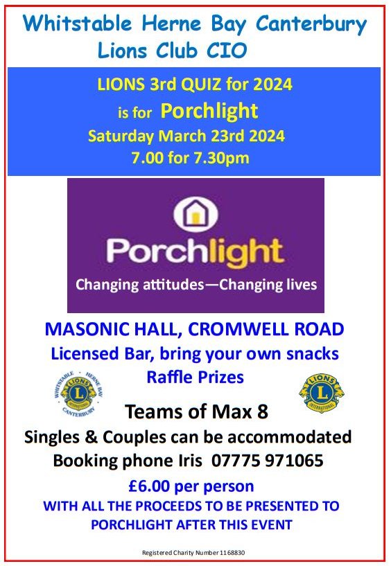 Our next Quiz is on March 23rd in aid of Porchlight. We hope to see you there! They have just had a massive drop in funding and need our support.