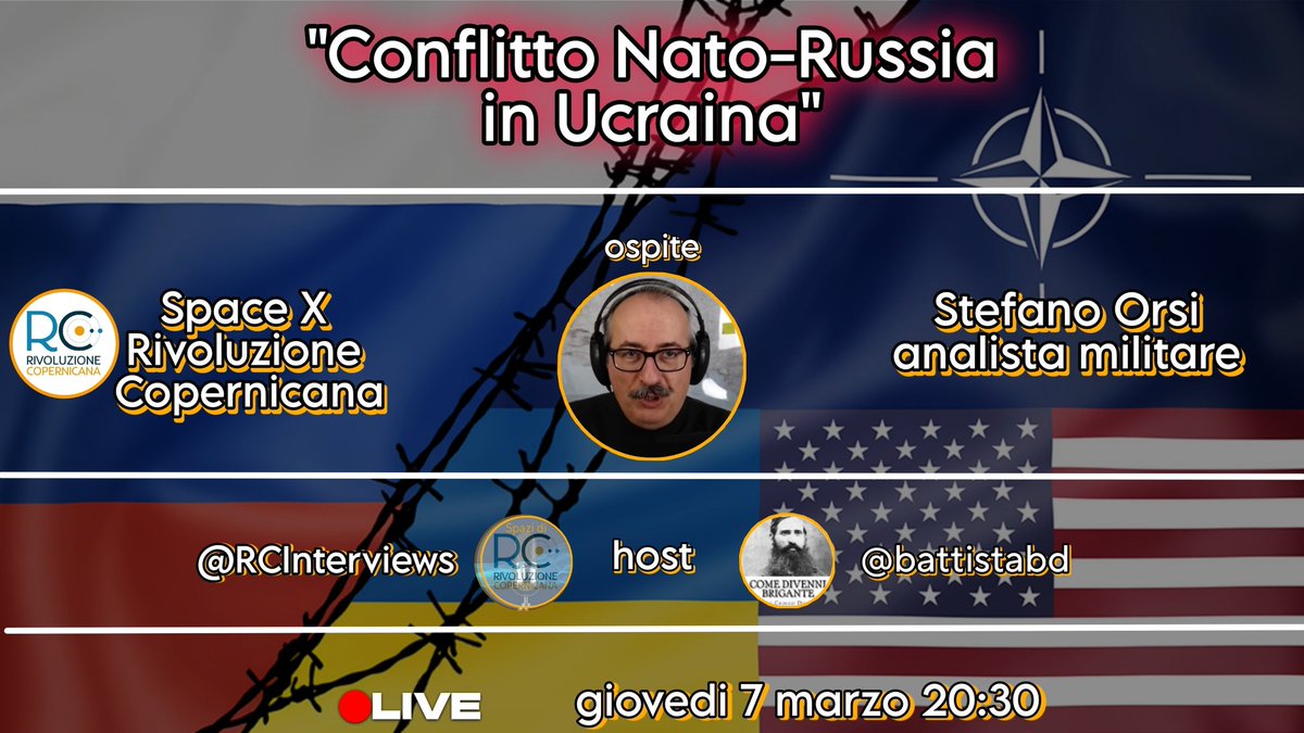 Domani 7 marzo  ore 20:30 
<a href="/StefanoOrsi12/">Stefano Orsi</a> su                    ❤️‍🔥❤️‍🔥<a href="/RCItalia398316/">RCinterviews ❤️‍🔥</a> ❤️‍🔥❤️‍🔥
"Conflitto Nato- Russia in  Ucraina" 
Vi aspetto ❤️‍🔥#RC