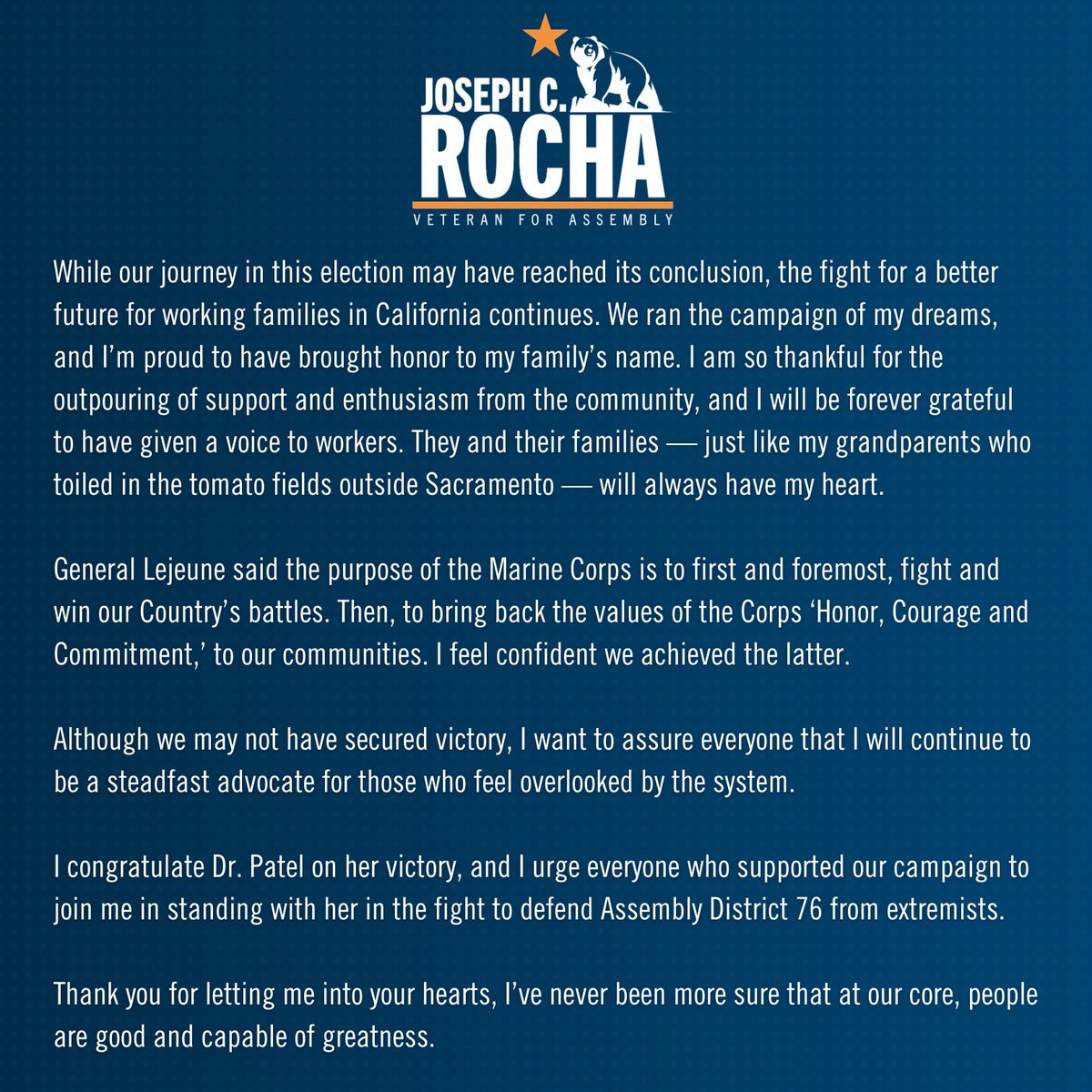 We ran the campaign of my dreams &amp; gave a voice to workers. I’ll forever cherish &amp; am better bc of our journey together.

Thank you for letting me into your hearts, I have never been more sure that at our core people are good &amp; capable of greatness.

DEFEND the 76! #SemperFidelis