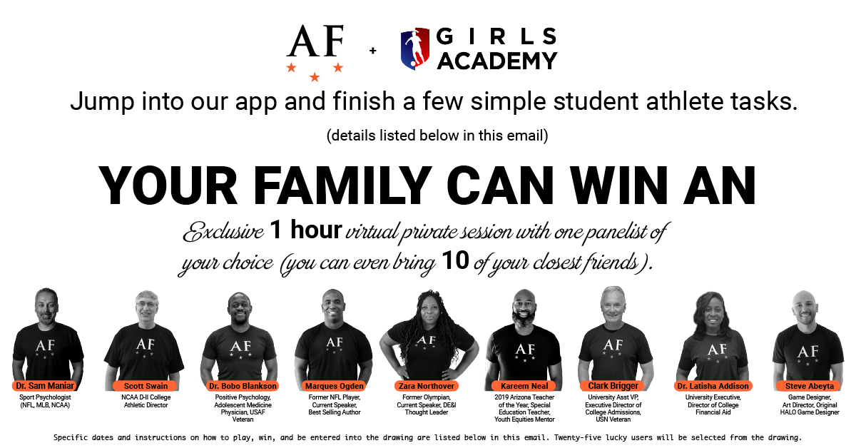 4 days left.  Win Exclusive Access to a Panelist of Your Choice.  Only for registered AF users from our amazing partners <a href="/GAcademyLeague/">Girls Academy</a> and <a href="/cincyunited/">Cincinnati United / CUP</a>.  Details on how to complete this EASY in-app challenge are in your inbox.  Ends March 10.  Go crush it!