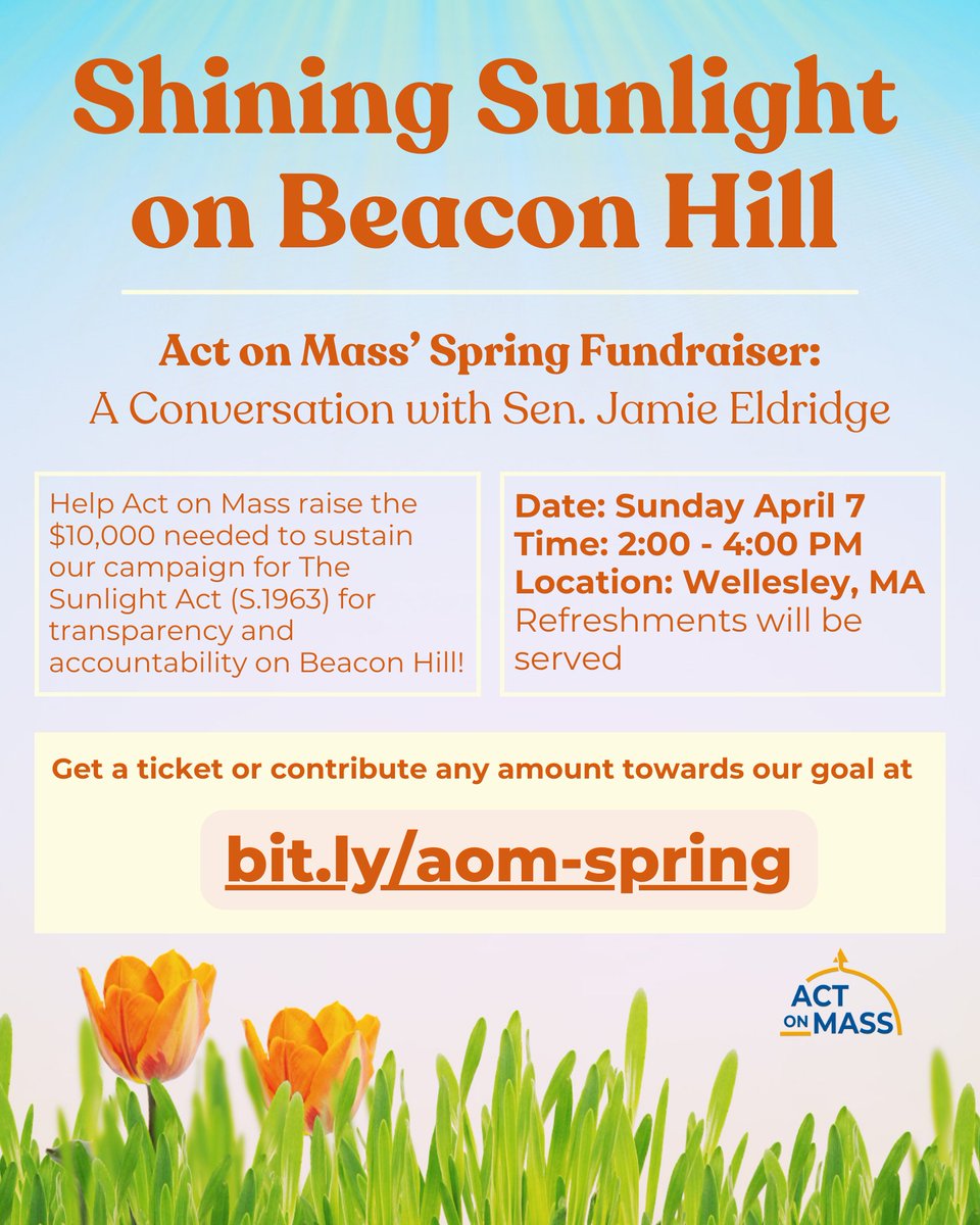 You are cordially invited to our first annual Spring Fundraiser! Join us on Sunday April 7 at 2pm in Wellesley for a conversation with Sen. Jamie Eldridge about our broken democracy on Beacon Hill and how we can work together to fix it. Get a ticket: bit.ly/aom-spring 🌷