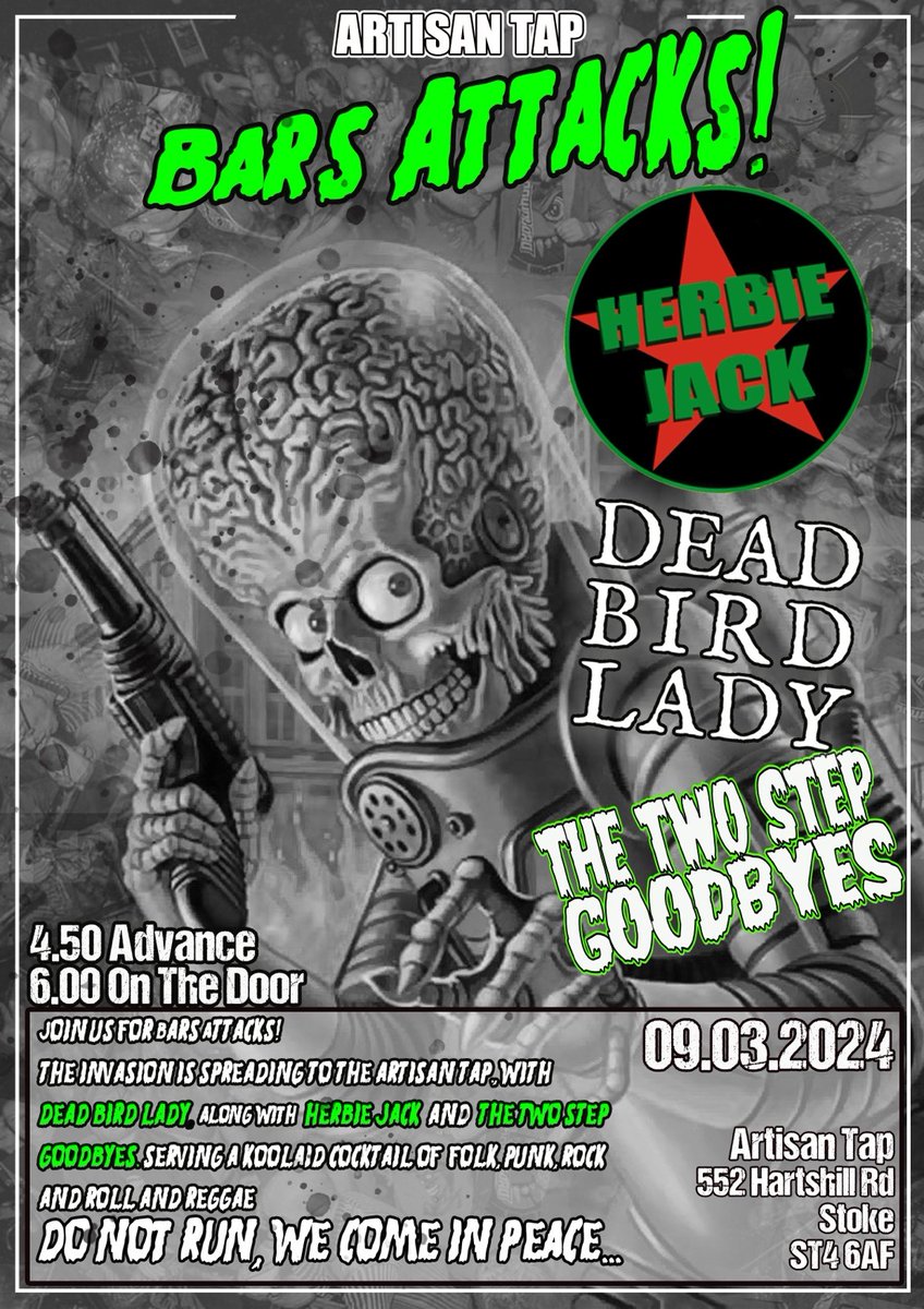 Stoke-on-Trent! Join us this Saturday for Bars Attack 👽 at Artisan Tap with Two Step Goodbye and Herbie Jack