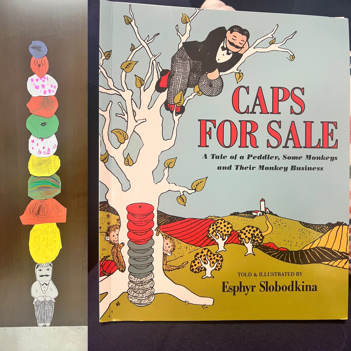 We read “Caps For Sale” and designed our own cap! #prek #clothingstudy #literacy #readaloud #barnegatinspires 🖤🤍🧡