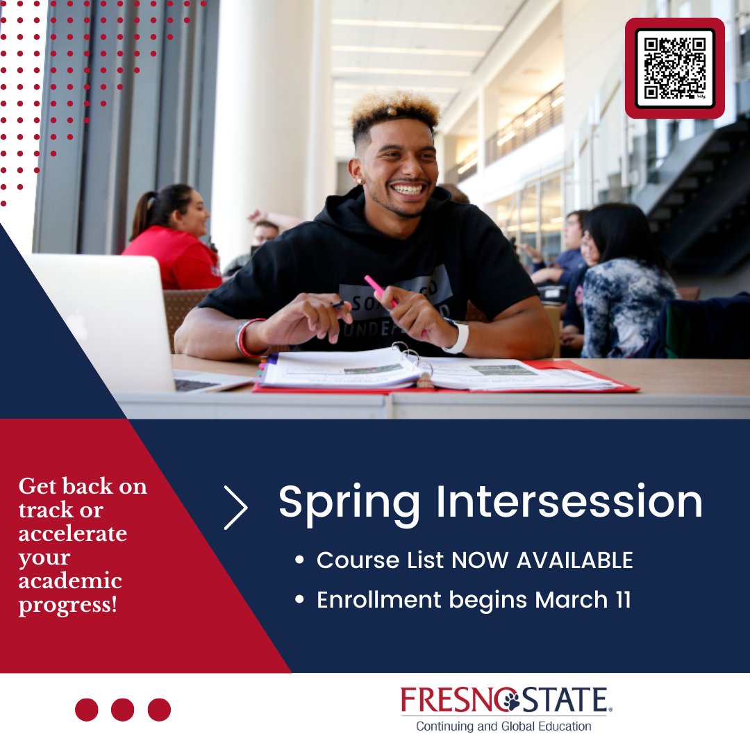 The course list for the 2024 Spring Intersession has been released. 🤓 Starting March 1, explore and add courses to your wish list on the MyFresnoState portal. Registration opens on March 11, so get ready to secure your spot! 🐾📚
Link 🔗: cge.fresnostate.edu/courses/spring…
