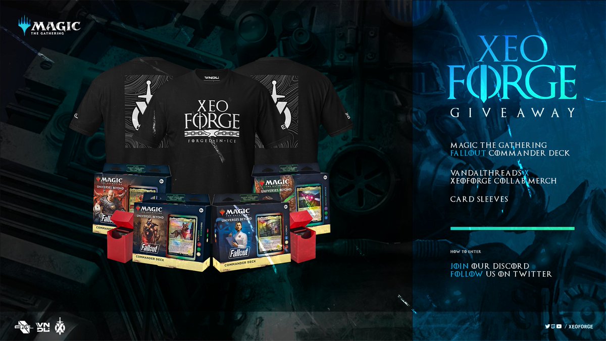 2 giveaways!🚨

Follow us on Twitter &amp; Join our Discord to enter.🫱🏻‍🫲🏼

⚔️ MTG Fallout Release Set
⚔️ VT x Xeo Merch
⚔️ Sleeves of your choice

🛡 Follow <a href="/XeoForge/">XeoForge</a>
🛡 Join our Dicord

🔗discord.com/invite/HSHMWtr…

#XeoForge | #Giveaway | #MTGFallout | #MTG