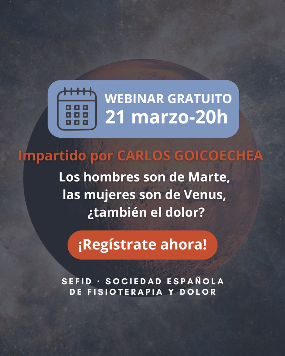 🌐 Nuevo WEBINAR SEFID GRATUITO: 21 MARZO - 20H. Impartido por Carlos Goicoechea.
¡Regístrate YA y no pierdas la oportunidad de participar en esta sesión! ➡️ i.mtr.cool/pjonbltgvr

#sefid #fisioterapiaydolor #dolor #dolorcrónico #neurociencia #fisioterapia #fisioterapeuta