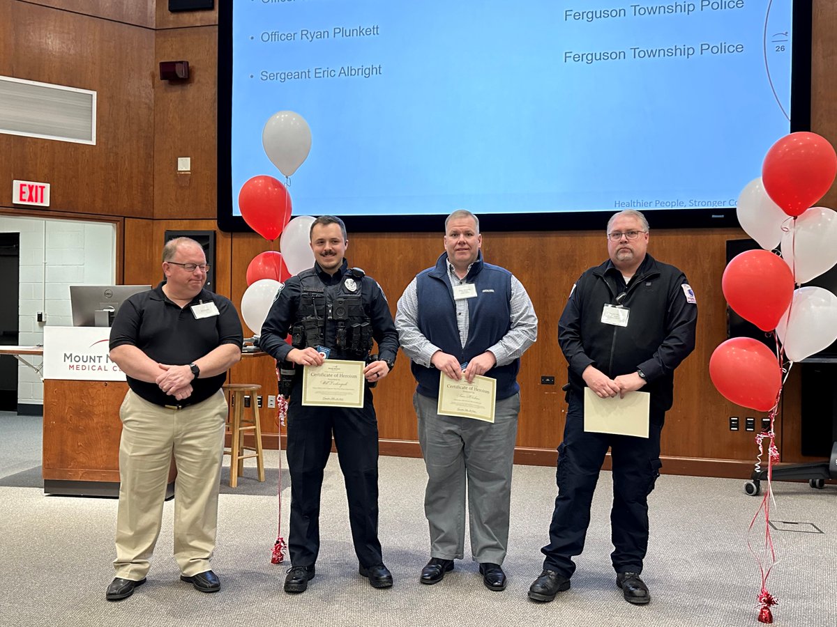 FergusonTwpPD's tweet photo. #FergusonTownship Off. Ososkie, Off. Lamb, and Off. Daubenspeck were recently honored at an event hosted by Mt. Nittany Health for cardiac arrest survivors and the first responders who stepped into action to provide critical care. https://t.co/B1u3IYhXwC