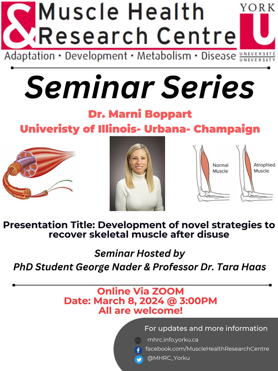 Please join us Friday (3pm Toronto time) for the MHRC Seminar featuring @MarniBoppart (U Illinois) who will speak on 'Novel strategies to recover skeletal muscle after disuse.' Get link: yorku.zoom.us/j/91806680525?… Meeting ID: 918 0668 0525 Passcode: 037365