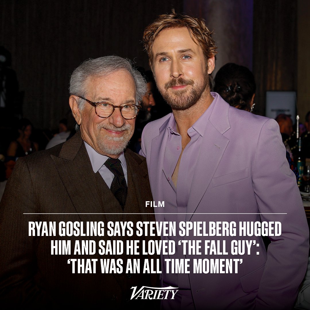 Variety's tweet photo. Ryan Gosling chronicled his encounter with Steven Spielberg at the Golden Globes:

“I saw Steven Spielberg walking in my direction. I don’t know Steven Spielberg. I thought there’s no way he’s coming to talk to me. And yet he kept getting closer, and then I thought I know what’s going to happen. I’m going to point to him, and he’s going to go, ‘Not you, behind you,’ so I’m not going to do that. Finally I said, ‘Me?’ and he goes, ‘Yeah you.’ I go, ‘I’m sorry I didn’t think you were coming to talk to me.’ And I stood up and he gave me a hug and said, ‘I just saw “Fall Guy” and I loved it.’” https://t.co/j0h6PP8Hby