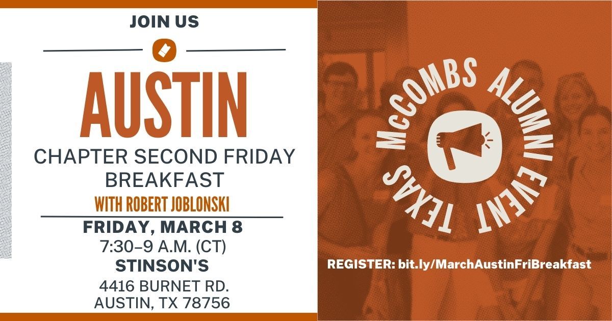 UTMcCombsAlumni's tweet photo. Our upcoming breakfast event in Austin is one you won't want to miss! Robert Joblonski, the President of Recharge Consulting, will be sharing insights on boosting sales and enhancing customer loyalty.
Register today: https://t.co/B5NkH1NR72
#McCombs #UTMcCombs https://t.co/WBcZnujMtR