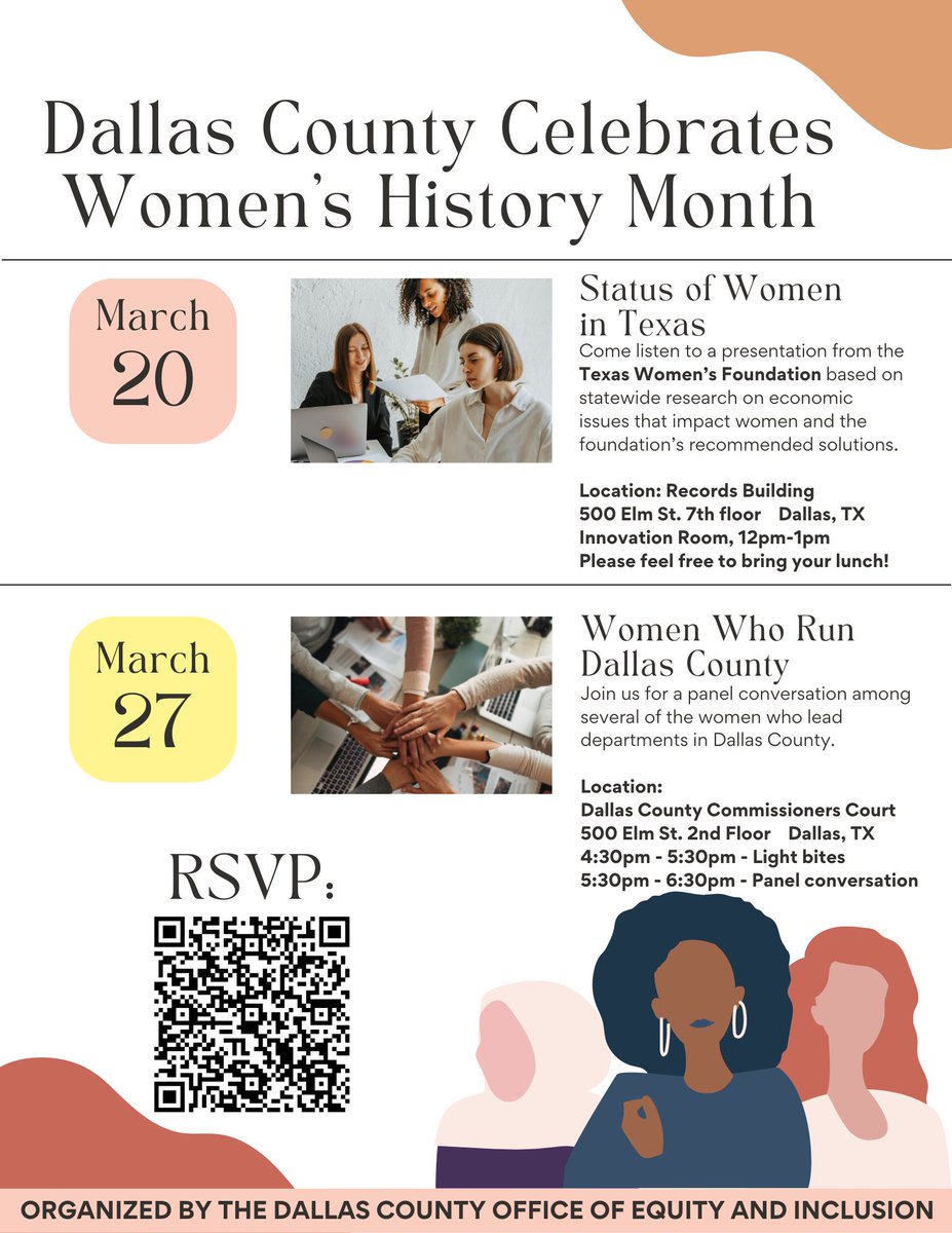 Join us as we commemorate #WomensHistoryMonth with an exploration of economic issues impacting women in Texas and a candid panel conversation among some of the women who run Dallas County departments. Click here to RSVP: forms.office.com/Pages/Response…