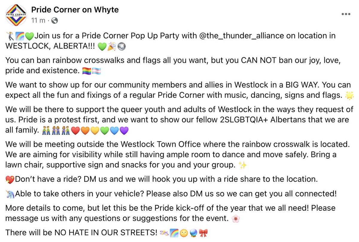 You can't ban rainbows and queer joy! @PrideCorner & the R.F. Staples Thunder Alliance are hosting this rainbow-filled pop up event in #Westlock on March 17. 🏳️‍🌈🏳️‍⚧️