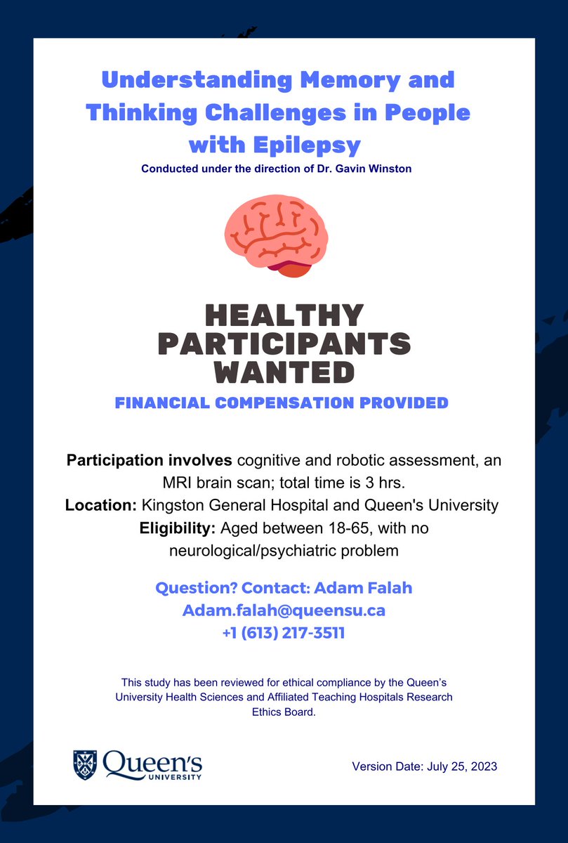 Seeking healthy male volunteers (40-65 years) in the Kingston area for our research into cognitive problems in people with epilepsy at @QueensU_CNS @QueensUDOM @KingstonHSC as this population is under-represented so far, details in poster below