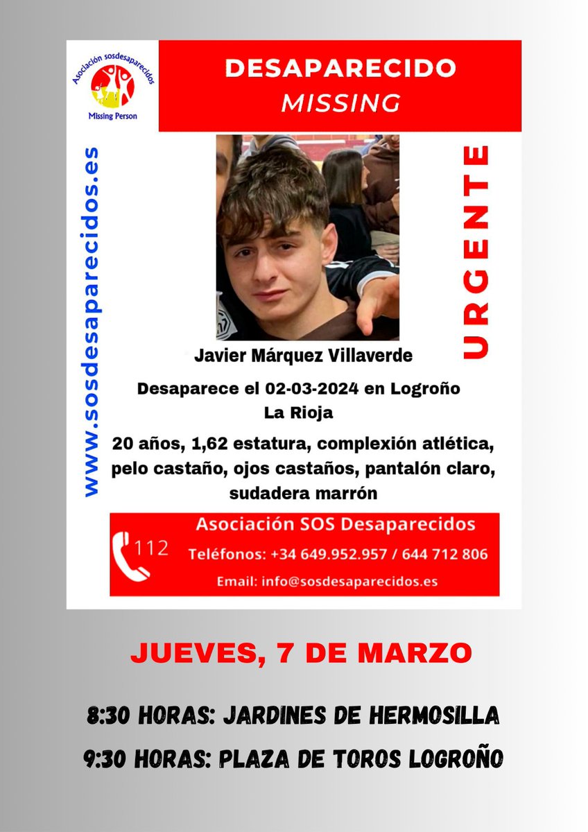 Mañana jueves 7 de marzo
8:30 jardines Hermosilla
9:30 plaza de toros de Logroño

Seguimos buscando a Javi