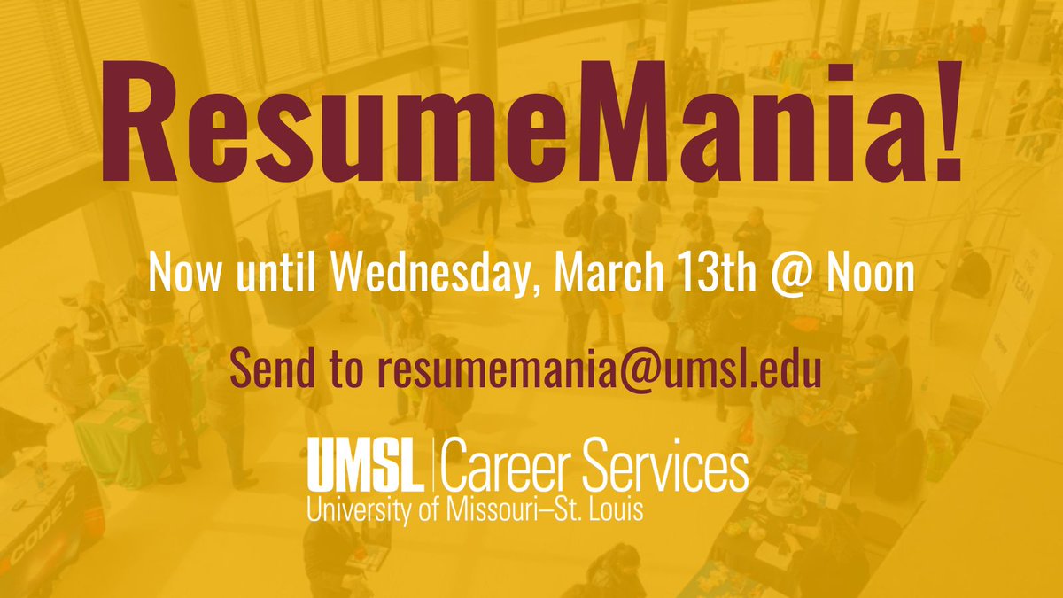 UMSLCareers's tweet photo. Want to get your resume reviewed before the Career Fair? ResumeMania is available for one more week! Send your resume to resumemania@umsl.edu, and we'll review it and get it back to you in two business days. https://t.co/SEMdYlIKoI
