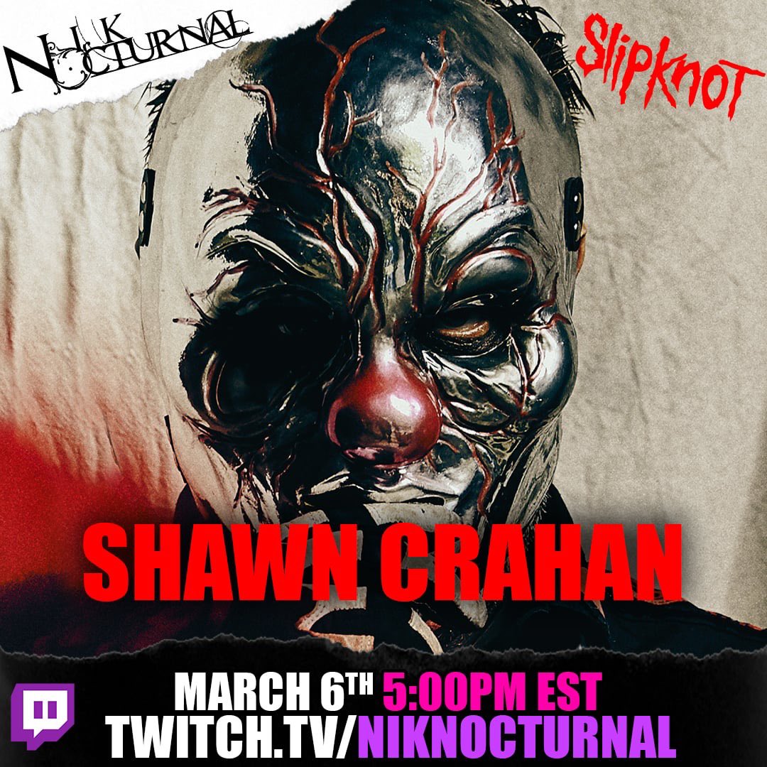 Stoked to announce that today at 5PM EST (just over an hour from now) I’ll be joined live with Clown from Slipknot! Come hangout.