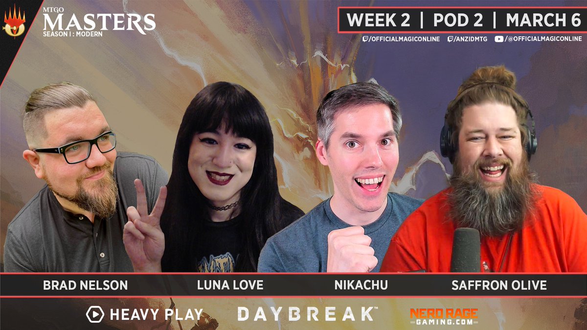 Live in 15m with Week 2 of #MTGOMasters! twitch.tv/officialmagico… twitch.tv/anzidmtg 🔸 Hosts 🔹 @TheWillHallExp 🔹 @anzidmtg 🔸 Pod 2 🔹 @SaffronOlive 🔹 @NikachuMTG 🔹 @lunaloveee8 🔹 @fffreakmtg Sponsors: @HeavyPlayLLC, @moxfieldmtg, @NRGSeries Live on Youtube & Kick