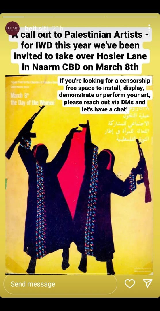City of Melbourne urged to cancel “censorship-free” Palestinian art event for International Women’s Day amid concerns it may “glorify terrorism”, as flyer advertising it appears to show Muslim women holding up rifles against the map of Israel @SkyNewsAust skynews.com.au/australia-news…
