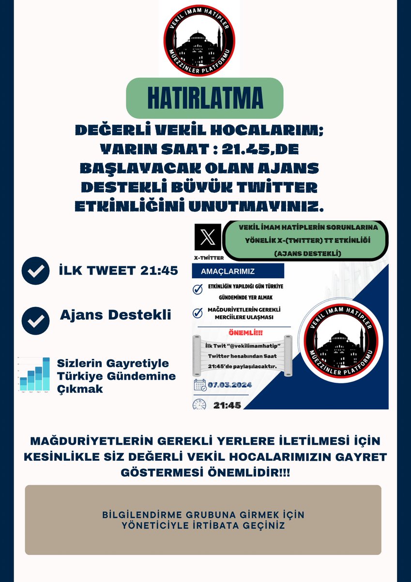 DEĞERLİ HOCALARIM;
Yarınki Büyük Twitter Etkinliği Bizim İçin Büyük Önem Arz Etmektedir.Sizlerden Ricam Tanıdığınız Bütün Vekil İmam Hatiplere Bilgilendirme Yaparak Etkinliğimize KatılımSağlamanızdır.<a href="/adematacan25/">𝓐𝓭𝓮𝓶 𝓐𝓽𝓪𝓬𝓪𝓷</a>