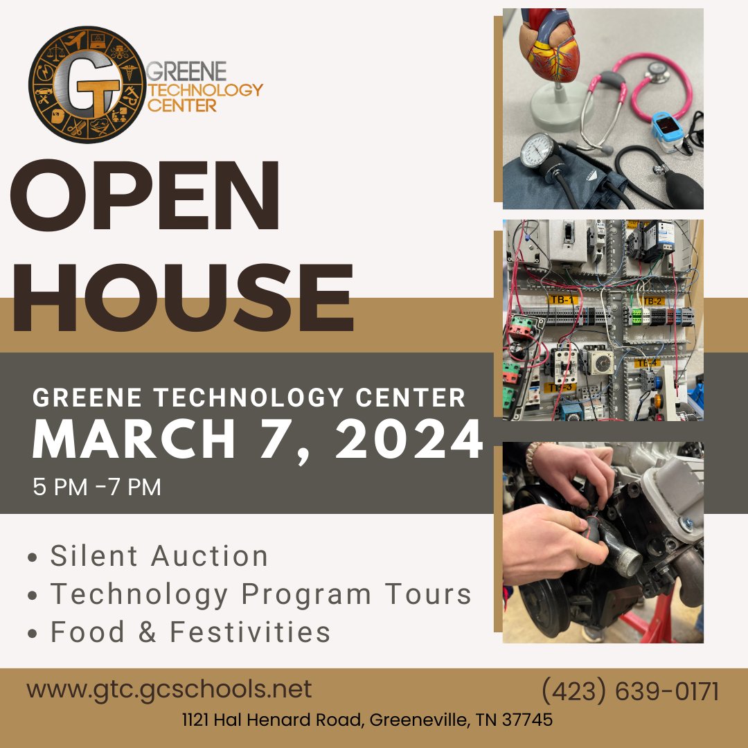 GreeneTechCtr's tweet photo. Tomorrow is our spring Open House from 5-7 pm.  Start the evening at our annual Silent Auction with over 26 items ready for your bid.  Then take a tour of our hands-on programs.  End the evening with a meal from our culinary students.  Bring the entire family! https://t.co/eSuMRstbih