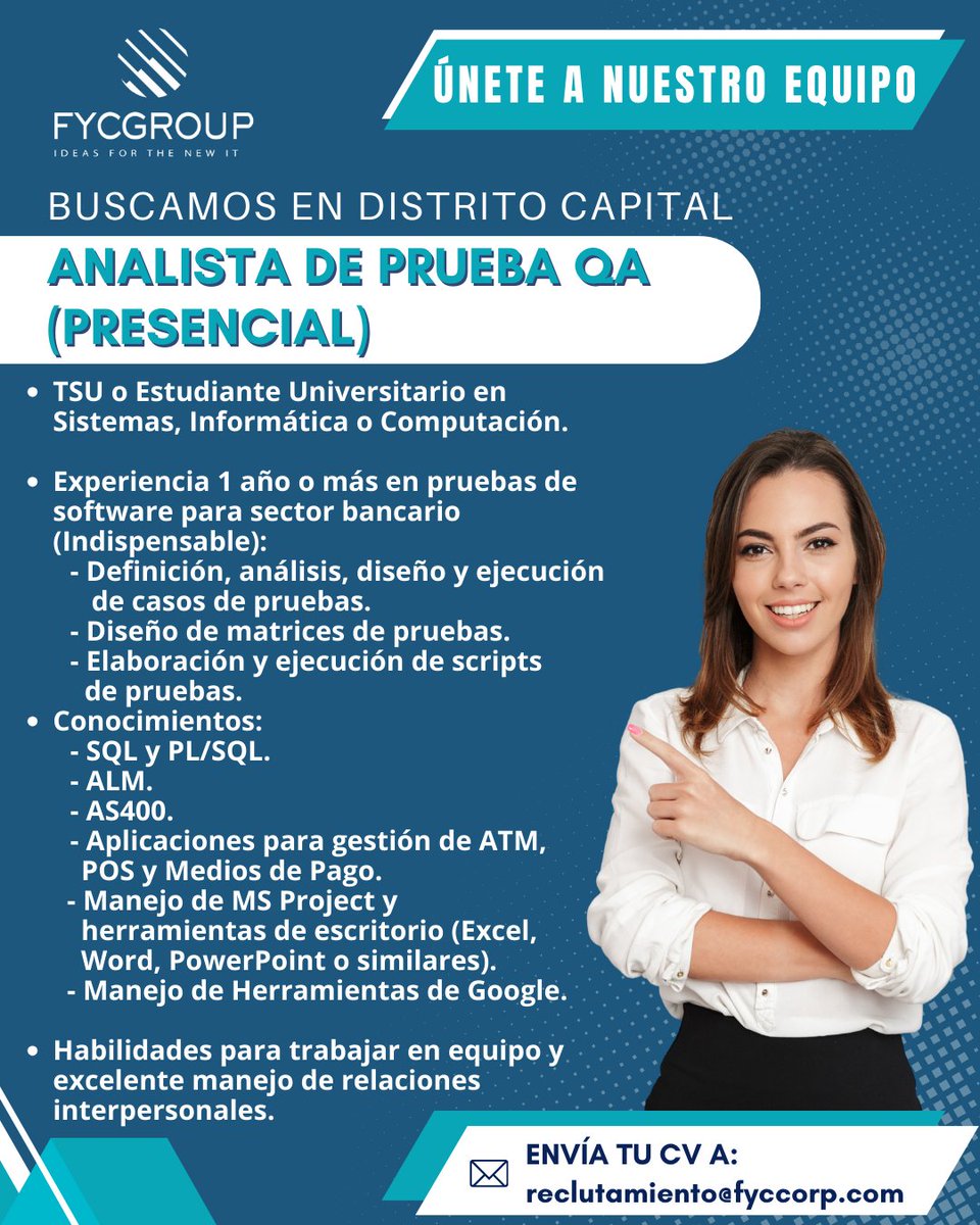 fycgroup's tweet photo. **OFERTA SOLO PARA GRAN CARACAS - VENEZUELA🇻🇪
🔎Estamos en la búsqueda de #AnalistadePruebas #QA **Modalidad Presencial **
⚠️Con experiencia en sector bancario - Indispensable⚠️

Si reúnes los requisitos, envíanos tu CV al correo reclutamiento@fyccorp.com

#Pruebasdesoftware https://t.co/MgAH2ZI4Kk