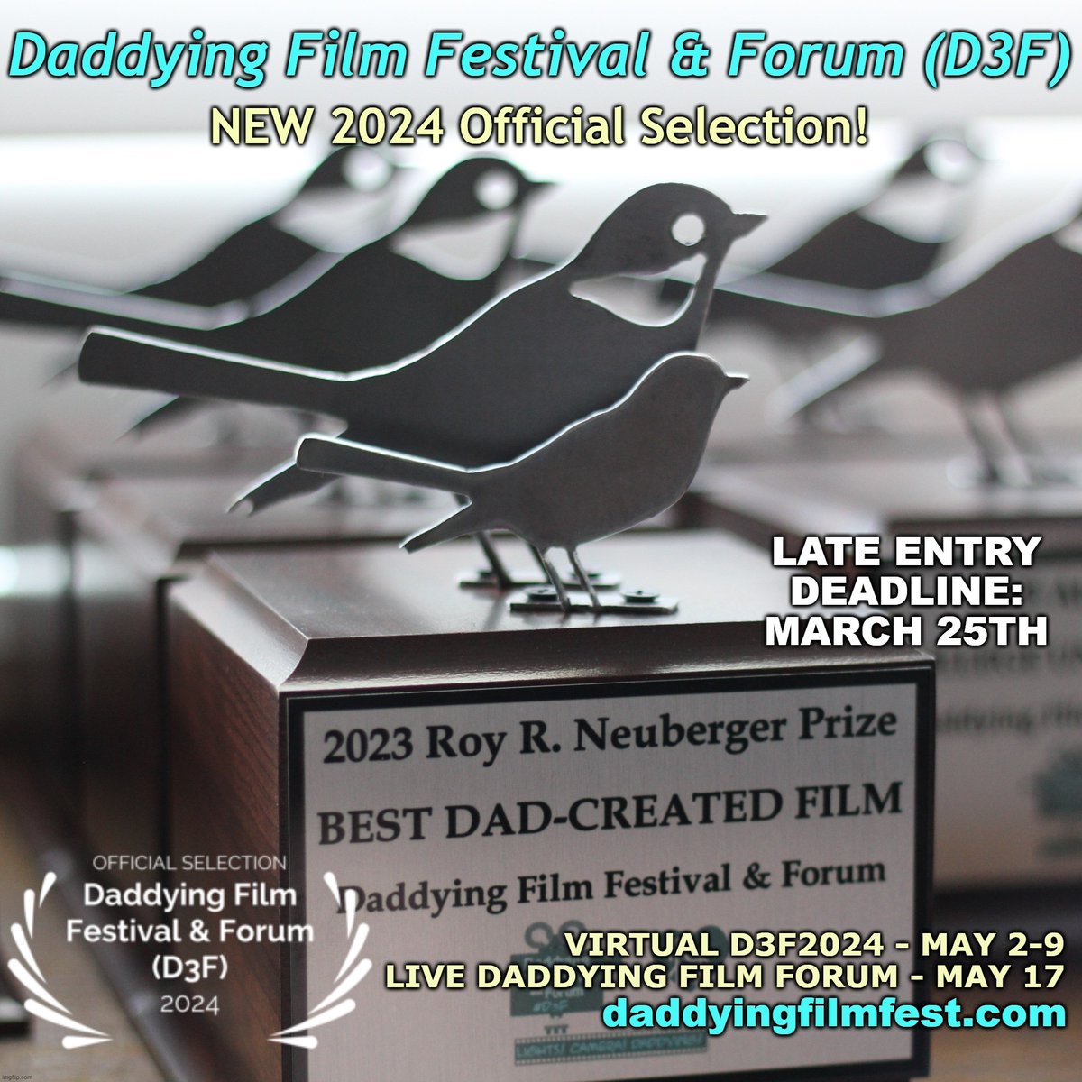 Students (1st grade - undergrads), Dads/Dad Figures & indie filmmakers tell us your #daddying stories!

SUBMIT on FilmFreeway by MARCH 25:

filmfreeway.com/DaddyingFilmFe…

#filmfestivals #callforentries @Fathersincorp @GPFO @homedadnet @NAFSCE @equimundo_org @HSFilmFest @KidsFirstMedia