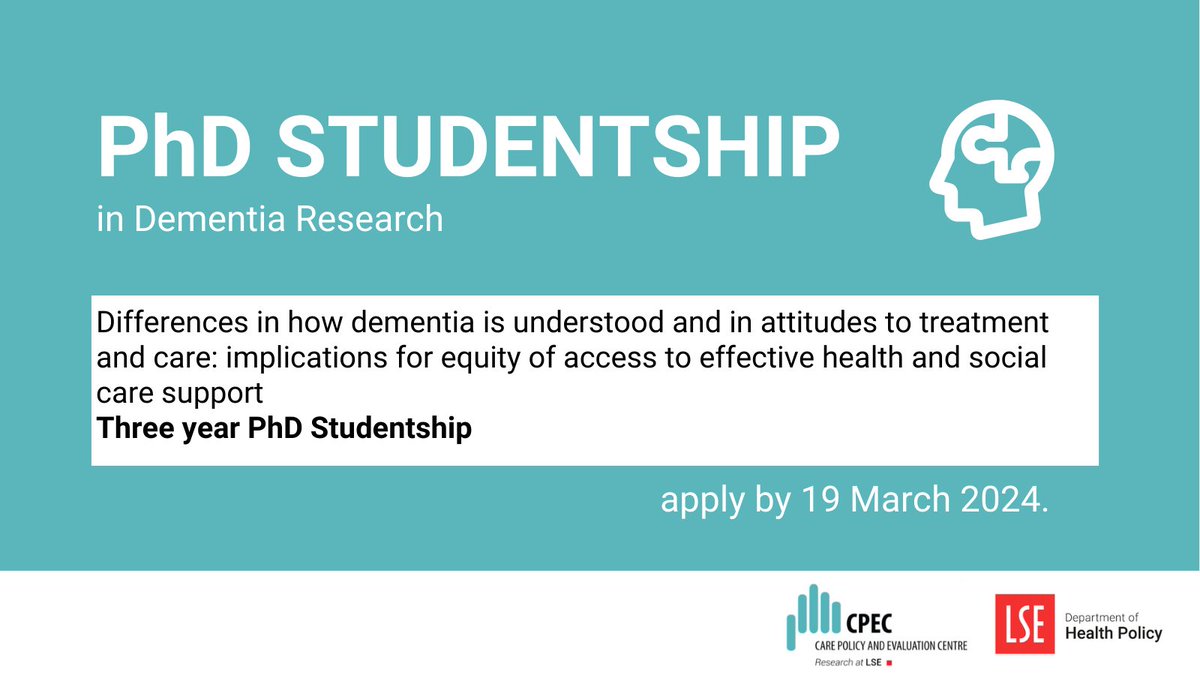Looking to get into #dementia research and join a leading research centre in the heart of London? 🧠 Apply for our #PhD studentship in dementia research, supervised by @Knappem. Find out more:👉lse.ac.uk/cpec/assets/do… Supported by @NIHRresearch + @LSEHealthPolicy. #PhDfunding