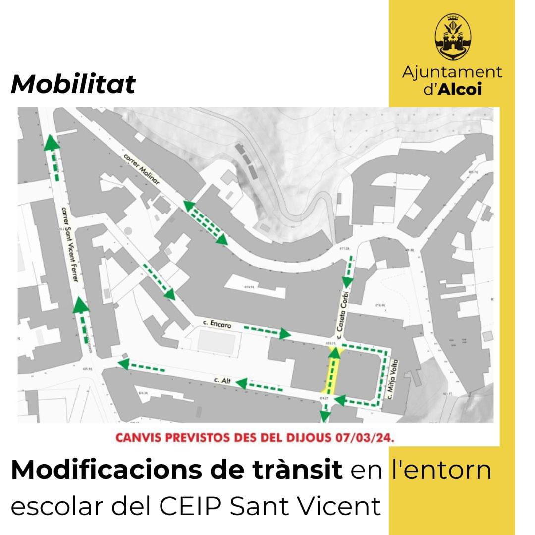 🗓 Des del dijous 07/03/2024
🚶🚶‍♀️💼 Amb motiu de la implantació de mesures del Pla Entorns escolars segurs.

totes les mesures d'aquest pla en 👇
alcoi.org/ca/portal/noti…

#Alcoi #AlcoiViu
Ajuntament d'Alcoi AMPA Sant Vicent Associació veïnal Font Roja