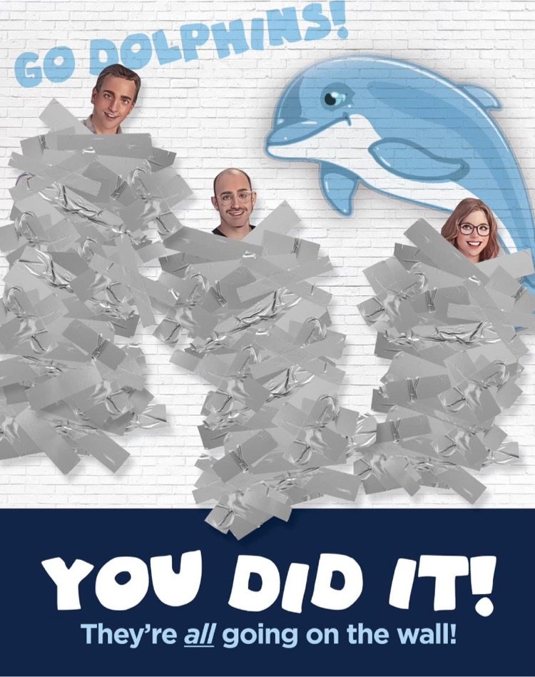 StonyBrookElem's tweet photo. WE DID IT DOLPHINS! You have raised an incredible 30 THOUSAND DOLLARS and now Mr. W will join Mr. Z &amp; Mrs. Thomas in getting taped to the wall! Great work and keep reading!! ❤️🐬#SBhasHEART https://t.co/ChOceNFhnN