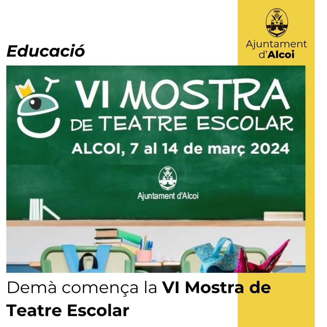 🎭 460 participants, de 8 centres i l’Escola Municipal de Teatre. 
del 7 al 14 de març

🧾 Podeu consultar i descarregar el fullet de la Mostra en 👇
alcoi.org/export/sites/d…

🔗 a al notícia alcoi.org/ca/portal/noti…

#Alcoi #AlcoiViu