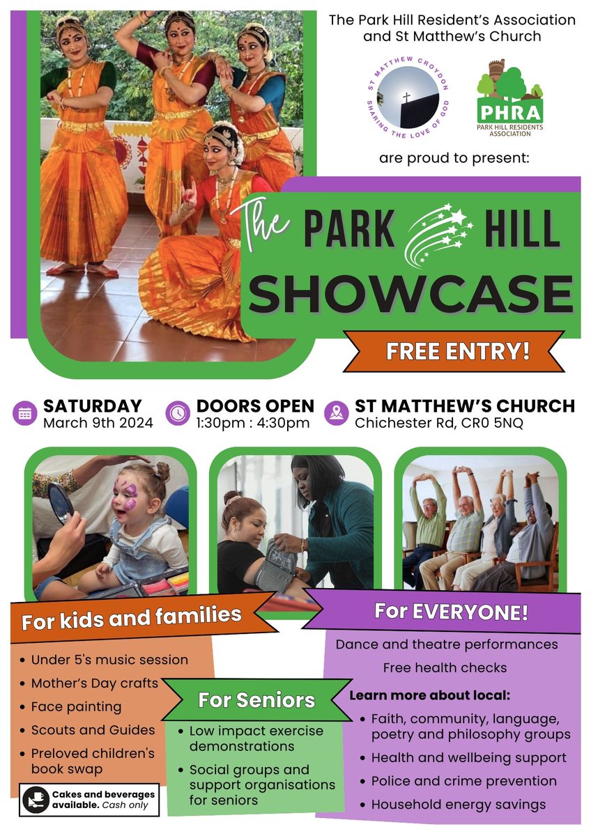This event has something for everyone! Competitions, prizes, Mother's Day arts and crafts as well as performances and displays from talented Park Hill groups.

Sat 9th March, St Matthew's Church, Chichester Rd,  CR0 5NQ 1.30pm to 4.30pm

Croydon Healthy Homes will have a stand