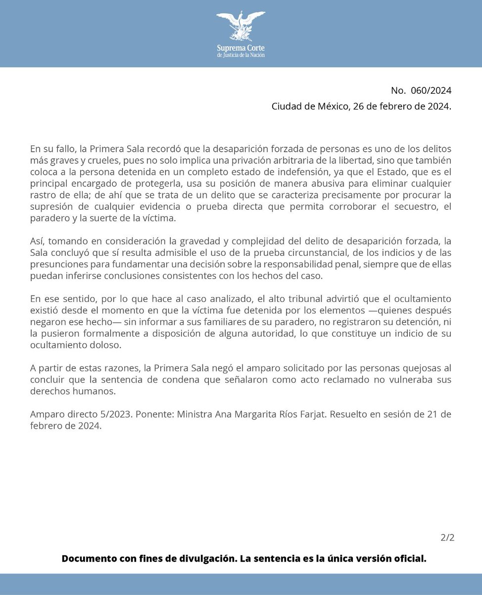 La  #PrimeraSalaSCJN resolvió que, dada la gravedad y complejidad del delito de desaparición forzada, es admisible la valoración de indicios y presunciones en la determinación de la responsabilidad penal por ese ilícito.

Consulta aquí el boletín de prensa bit.ly/3Ta2P3p