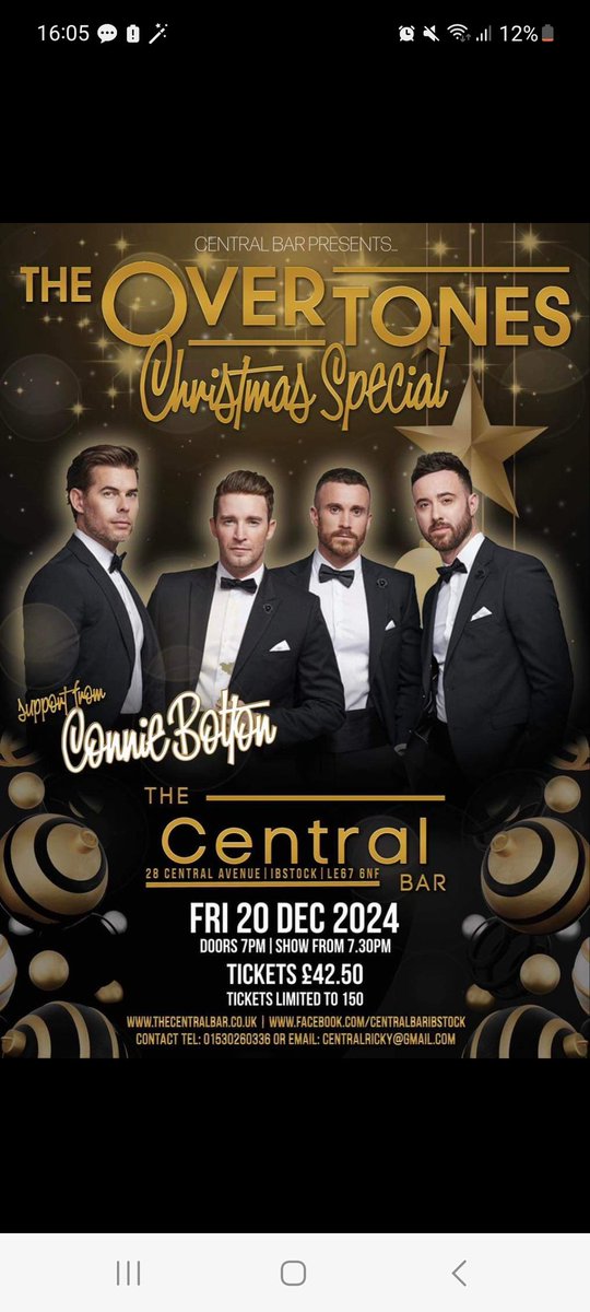 The Overtones are coming back to Central Bar and Grill in Ibstock, on 20th December 2024
<a href="/the_overtones/">The Overtones</a> <a href="/JAYJAMES/">JAY JAMES</a> <a href="/mike_crawshaw/">Mike Crawshaw</a> <a href="/OfficialMarkF/">Mark Franks</a> <a href="/darren_everest/">Darren Everest</a>