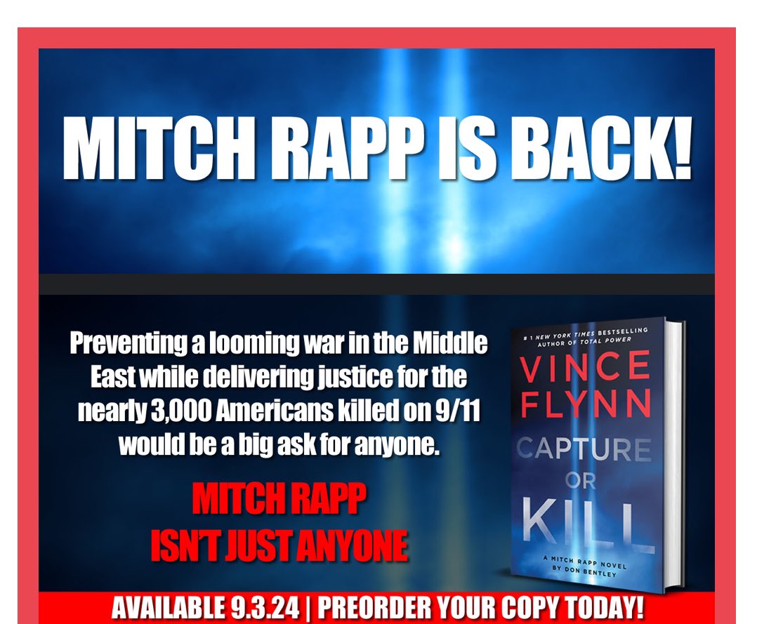 Mitch Rapp is back! Such an awesome Title and Cover! This will actually be my first read by <a href="/bentleydonb/">Don Bentley</a> and I cannot wait to see how he unleashes my favorite Thriller character.