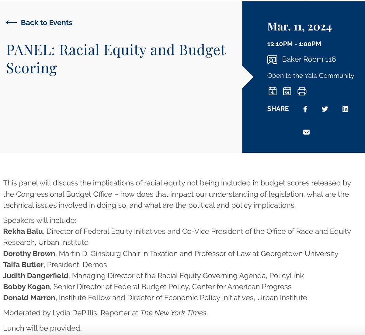 This Monday, March 11, join our colleagues at @YaleLawSch for the panel 'Racial Equity and Budget Scoring'

Ft. Rekha Balu (@urbaninstitute), @DorothyABrown, Judith Dangerfield (@policylink), @TaifaButler, @BBKogan, @dmarron, & @lydiadepillis

More info: law.yale.edu/yls-today/yale…