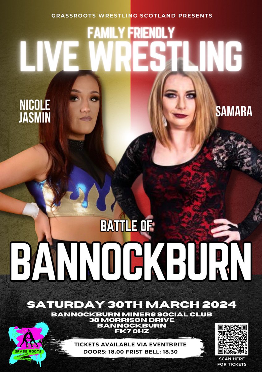 grassrootswres's tweet photo. How about another announcement!
Not long to go until Bannockburn!!! So, the current @AttitudePW23 womens champion @nicolejasmin_pw is up against Samara!!! 
Tickets: https://t.co/vH4GrvBRkU https://t.co/61fQ2m49AA