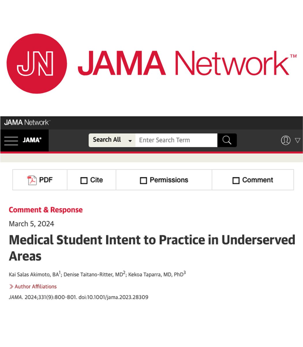 KekoaMDPhD's tweet photo. 👏🏽Congrats to @KaiAkimoto671 on his 1st author paper in @JAMA on investing in physicians from Pacific Islander communities, especially in rural areas, to improve our community's health. Supporting those from our communities, heals our communities.

🔗https://t.co/StBfVUS4eG https://t.co/zwjyTNYLlY
