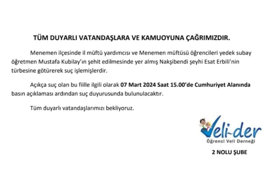 Arkadaşlar, geçen hafta Menemen'de İlkokul çocuklarının, İzmir müftü yardımcısı ve Menemen müftüsü tarafından Nakşibendi şeyhinin türbesine götürülmesiyle ilgili, yapacağımız basın açıklaması ve suç duyurusu ektedir. Destekleyiniz