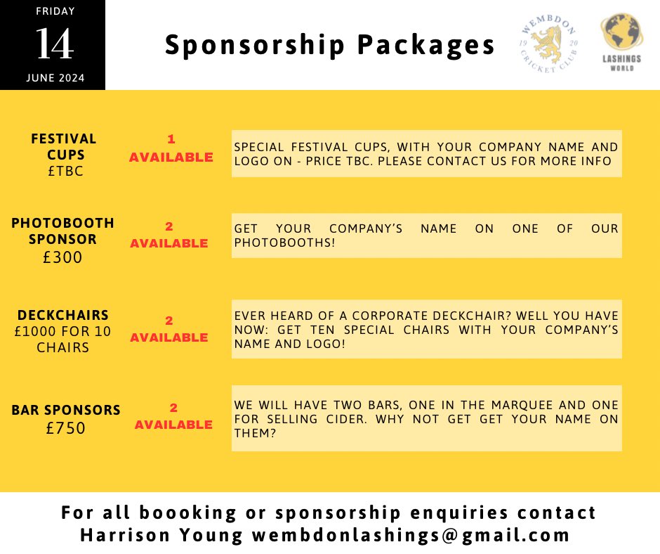 Fancy becoming a sponsor for Wembdon vs Lashings? So many great packages available, please e-mail wembdonlashings@gmail.com for more info. #wembdoncricket #lashings #cricket #somerset