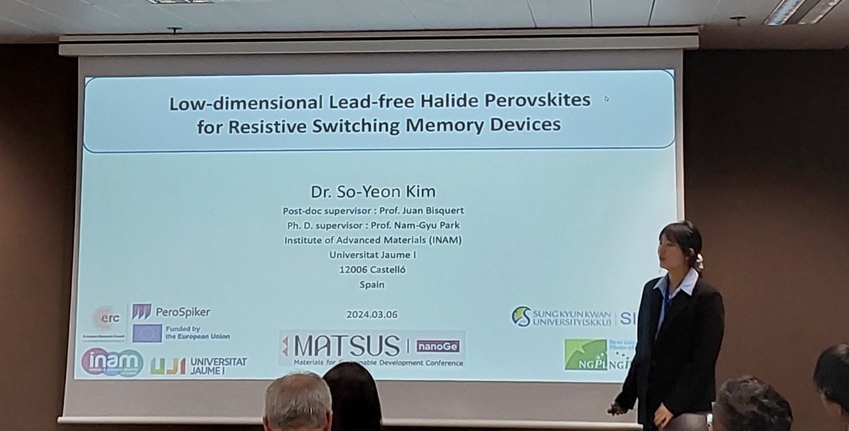 Our researcher So-Yeon presents a talk on "Low-dimensional Lead-free Halide Perovskites for Resistive Switching Memory Devices" at  #OPTMS symposia at #MATSUS24.